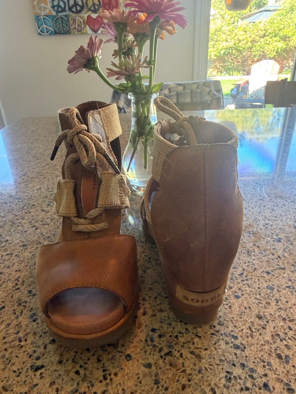 Sorel Brown Leather & Tan Canvas Lace-Up Wedge Sandals